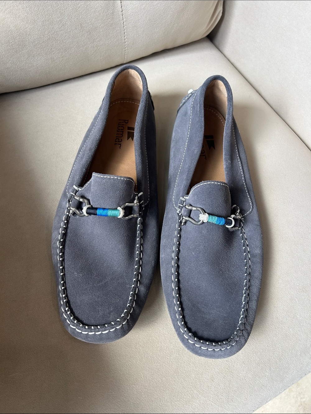 Riomar Men's Suede nautical Loafers in Slate Gray with Blue Accent